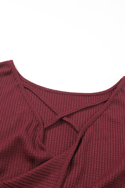 Burgundy Sequin Patchwork Sleeve Open Back Waffle Knit Top-Tops-MomFashion