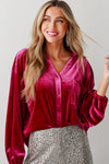 Pitaya Pink Buttoned V Neck Chest Pocket Velvet Shirt-Tops/Blouses & Shirts-MomFashion