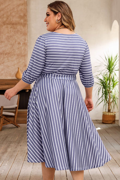 Gray Striped Tie Waist 3/4 Sleeve Plus Size Dress-Plus Size-MomFashion