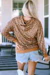 Leopard Long Sleeve Drawstring Cropped Hoodie-Tops-MomFashion