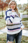 Stripe Plus Size Striped Hooded Knit Sweater-Plus Size-MomFashion