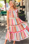 Pink Rainbow Stripe Ruffles Ruched Tiered Dress-Dresses-MomFashion