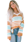 Multicolor Colorblock Stripe Long Sleeve Split Sweater-Tops-MomFashion