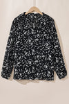 Black Plus Size Floral Print Ruched Split Neck Blouse-Plus Size-MomFashion