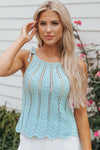 Beau Blue Tied Shoulder Pointelle Knit Tank Top-Tops-MomFashion