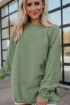 Green Ribbed Corded Oversized Sweatshirt-Tops-MomFashion