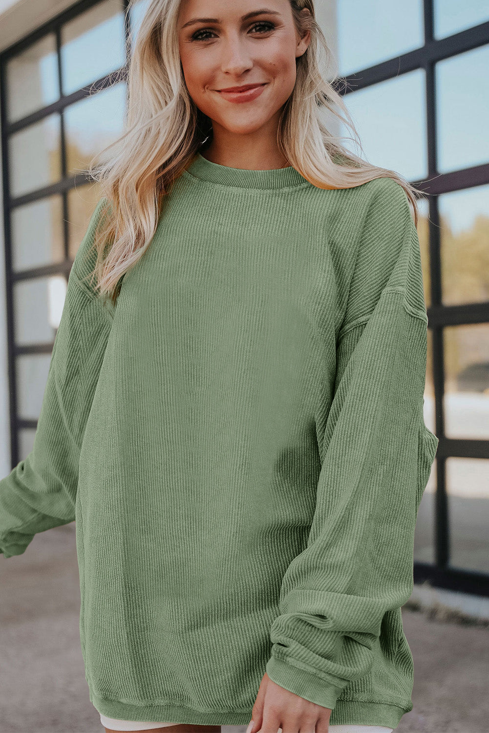 Green Ribbed Corded Oversized Sweatshirt-Tops-MomFashion