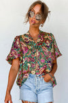 Green V Neck Short Bubble Sleeve Paisley Blouse-Tops-MomFashion