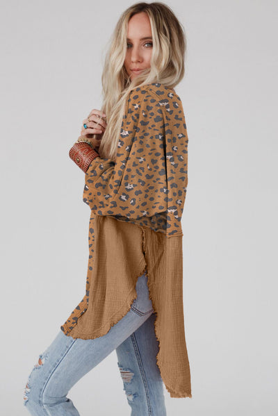 Brown Printed Raw Edge Leopard Patchwork Oversized Blouse-Tops-MomFashion