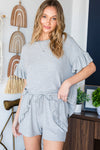 Gray Ribbed Knit Ruffle Trim Casual Short Set-Loungewear-MomFashion