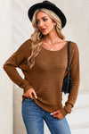 Brown Textured Knit Round Neck Dolman Sleeve Sweater-Tops-MomFashion