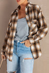 Brown Buttons Pocketed Plaid Shacket-Outerwear-MomFashion