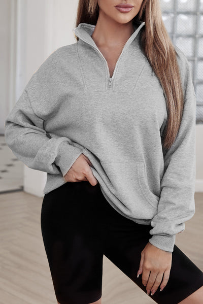 Gray Zipped Funnel Neck Kangaroo Pocket Sweatshirt-Tops-MomFashion