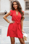 Fiery Red Polka Dot V Neck Ruffle Sleeve Dress-Dresses-MomFashion