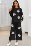 Black Christmas Santa Clause Print Textured Pants Set-Graphic-MomFashion