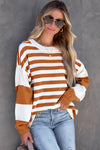 Brown Stripe Drop Shoulder Striped Pullover Sweatshirt-Tops-MomFashion