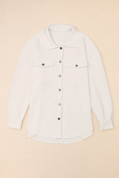 Solid Textured Flap Pocket Buttoned Shacket-Outerwear-MomFashion