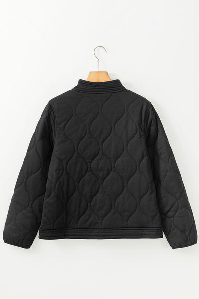 Black Solid Color Quilted Snap Button Jacket-Outerwear-MomFashion