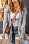 Gray Ribbed Trim Eyelet Cable Knit Cardigan-Tops-MomFashion