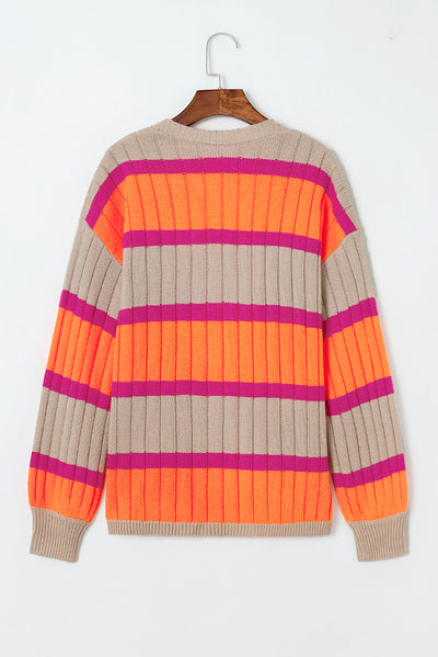 Orange Striped Colorblock Drop Shoulder Slouchy Cardigan-Tops-MomFashion