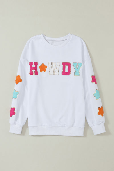 White Glitter Howdy Patch Graphic Casual Sweatshirt-Tops-MomFashion