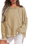 Khaki Exposed Seam Drop Shoulder Raw Hem Oversized Sweatshirt-Tops-MomFashion