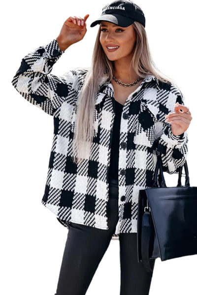 Black Plaid Textured Flap Pocket Shacket-Outerwear-MomFashion