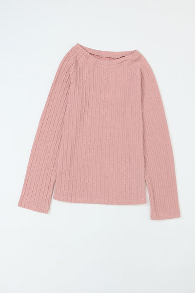 Pink Ribbed Round Neck Knit Long Sleeve Top-Tops-MomFashion