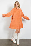 Orange Crinkled Dual Chest Pocket Oversized Shirt Dress-Dresses-MomFashion