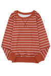 Red Striped Print Ribbed Trim Long Sleeve Top-Tops-MomFashion