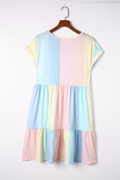 Multicolor Striped Color Block Tiered Mini Dress-Dresses-MomFashion