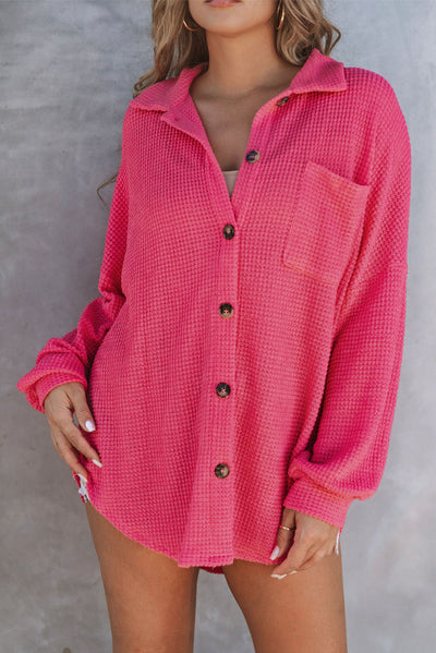 Pink Waffle Knit Button Up Casual Shirt-Tops-MomFashion