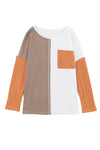 Orange Long Sleeve Colorblock Chest Pocket Textured Knit Top-Tops-MomFashion