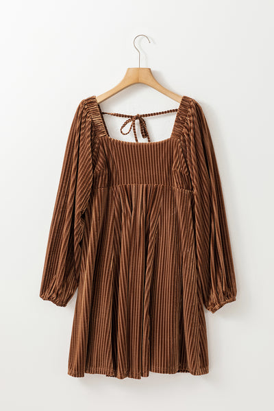 Brown Tie Back Square Neck Velvet Babydoll Dress-Dresses-MomFashion