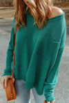 Green Solid Color Off Shoulder Rib Knit Sweater with Pocket-Tops-MomFashion