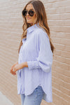 Sky Blue Smocked Cuffed Striped Boyfriend Shirt with Pocket-Tops-MomFashion