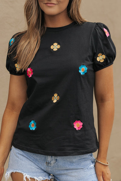 Black Embroidered Flower Short Puff Sleeve Tee-Tops-MomFashion