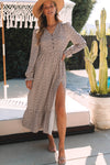 Smoke Gray Dotty Print Button V Neck Long Sleeve Ruffled Dress-Dresses-MomFashion