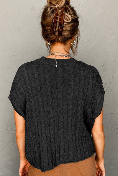 Black Crew Neck Cable Knit Short Sleeve Sweater-Tops-MomFashion