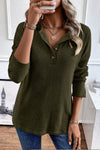 Jungle Green Rib Textured Henley Knit Top-Tops-MomFashion