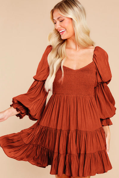 Brown Boho Solid Shirred Ruffle Mini Dress-Dresses-MomFashion