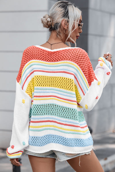 Multicolor Hollow Striped Knit Contrast Sleeve Sweater-Tops-MomFashion