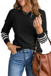 Black Striped Sleeve Plain Knit Sweater-Tops-MomFashion