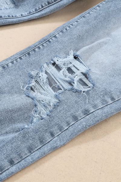 Sky Blue Light Wash Frayed Slim Fit High Waist Jeans-Bottoms-MomFashion