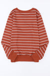 Red Striped Print Ribbed Trim Long Sleeve Top-Tops-MomFashion