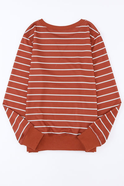 Red Striped Print Ribbed Trim Long Sleeve Top-Tops-MomFashion