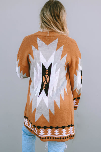 Gold Flame Aztec Graphic Open-Front Cardigan-Tops-MomFashion