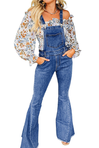 Dark Blue Adjustable Buckle Strap Flare Leg Denim Overalls-Bottoms-MomFashion