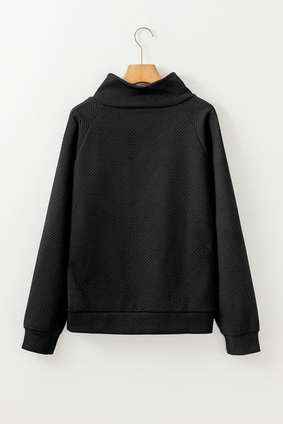 Black Asymmetric Buttons Detail High Neck Textured Sweatshirt-Tops-MomFashion