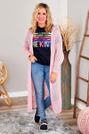 Pink Sheer Knitted Long Side Slit Plus Size Cardigan-Plus Size-MomFashion